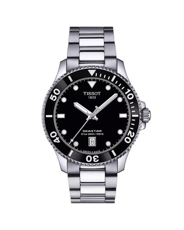 Unisex ρολόι Tissot Seastar 1000 T120.410.11.051.00 με κάσα 40mm από ανοξείδωτο ατσάλι 316L, μαύρο καντράν, γκρι/ασημί μπρασελέ γρήγορης εναλλαγής, ζαφείρι με διπλή αντιανακλαστική επίστρωση, Swiss Quartz μηχανισμό, ημερομηνία, EOL ένδειξη και αδιαβροχοποίηση 30 ATM / 300 μέτρα.