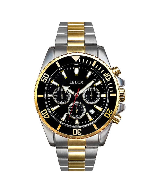 Ανδρικό ρολόι LEDOM Vantage LD.1494-4 με κάσα 43mm από alloy, μαύρο καντράν, δίχρωμο ασημί/χρυσό ατόφιο ατσάλινο μπρασελέ, Quartz μηχανισμό, ημερομηνία, χρονογράφο και αδιαβροχοποίηση 3 ATM / 30 μέτρα.