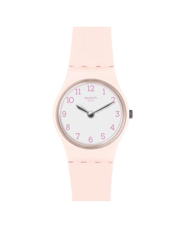 Γυναικείο ρολόι Swatch Pinkbelle LP150 με ροζ ματ κάσα 25mm από πολυμερές, λευκό καντράν με μωβ ενδείξεις, ροζ λουράκι σιλικόνης και μηχανισμό Quartz.