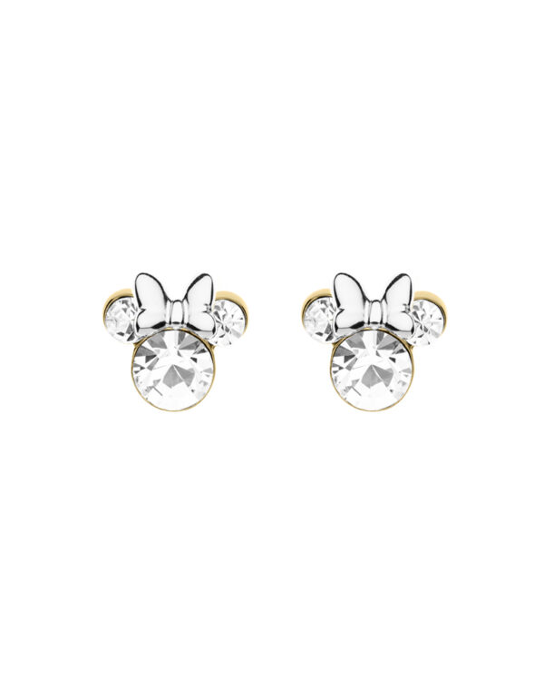Σκουλαρίκια Disney Minnie Mouse από Ασήμι 925 σε χρυσαφί και ασημί τόνους, στολισμένα με λαμπερά ζιργκόν κρύσταλλα που χαρίζουν μια πινελιά μαγείας σε κάθε σου εμφάνιση. Ένα κομψό και παιχνιδιάρικο κόσμημα που απογειώνει το στιλ σου με Disney λάμψη!