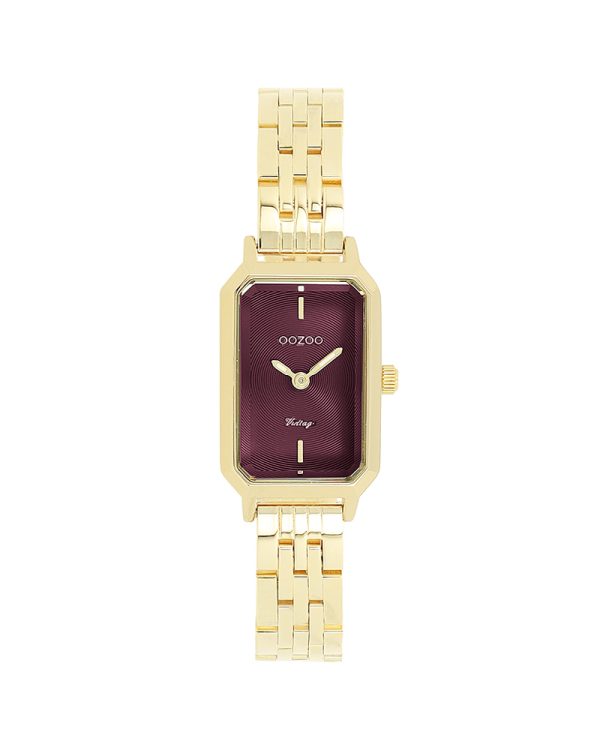 Η σειρά rectangular Vintage series by OOZOO επαναπροσδιορίζει το chic. Το ρολόι έχει μία κομψή παραλληλόγραμμη κάσα (22mm x 19mm) σε χρυσό χρώμα με κρύσταλο κοπής 3D, burgundy καντράν με μοτίβο με κύκλους και ένα όμορφο χρυσό μπρασελέ από ανοξείδωτο ατσάλι.