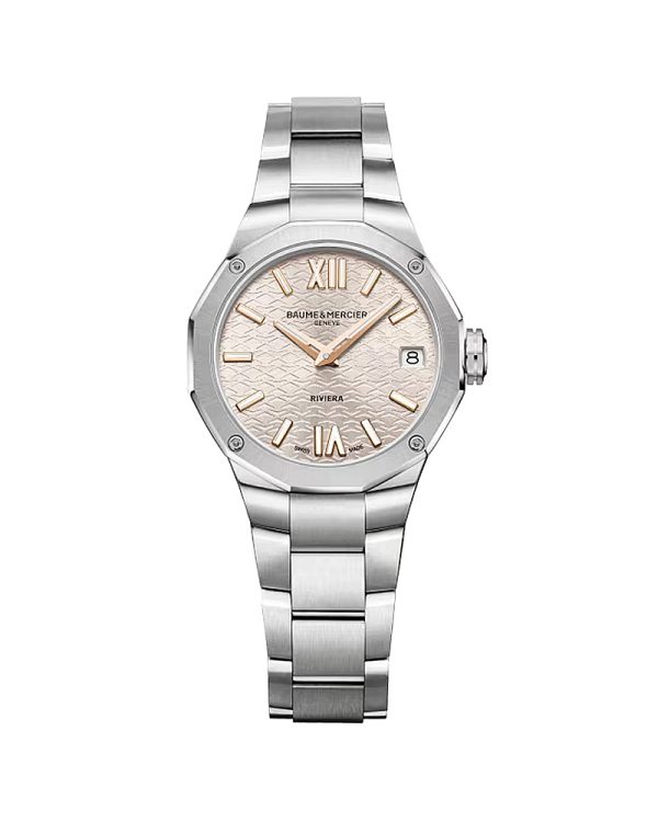 Γυναικείο ρολόι Baume & Mercier Riviera 10810 με κάσα 33mm από ανοξείδωτο ατσάλι, warm silver καντράν με waves decor, ασημί μπρασελέ απο ανοξείδωτο ατσάλι και quartz μηχανισμό με ένδειξη ημερομηνίας.