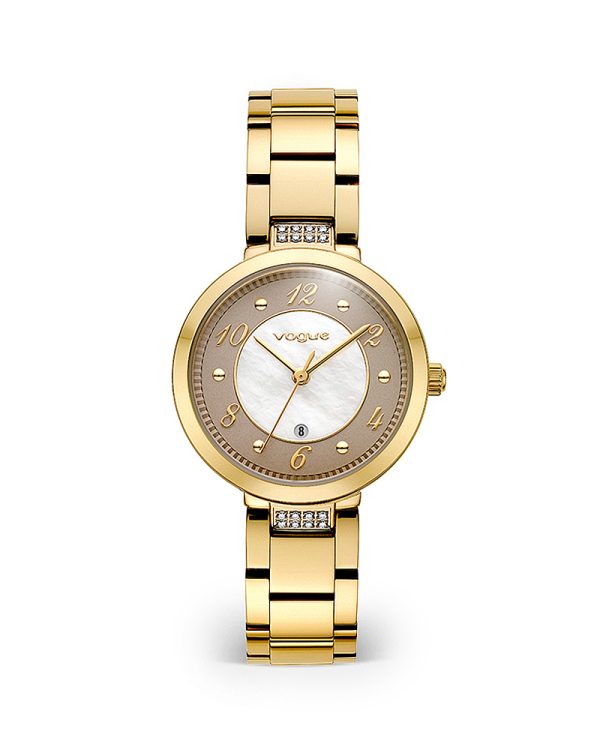 Γυναικείο ρολόι VOGUE Zoe Crystals 2020616442 με χρυσό μπρασελέ από ανοξείδωτο ατσάλι, καντράν white mother of pearl / light brown και κρυστάλλινες λεπτομέρειες.