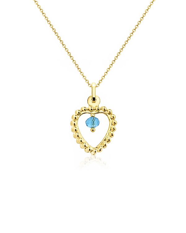 Μενταγιόν καρδιά από χρυσό Κ9 με λαμπερό γαλάζιο ζιργκόν που αποπνέει ρομαντισμό και διαχρονική κομψότητα. Ιδανικό ως δώρο αγάπης για γυναίκα ή κοριτσάκι, σχεδιασμένο να συνδυάζεται με λεπτή χρυσή αλυσίδα, αναδεικνύοντας ένα φωτεινό και τρυφερό κόσμημα που φοριέται καθημερινά ή σε ξεχωριστές στιγμές.