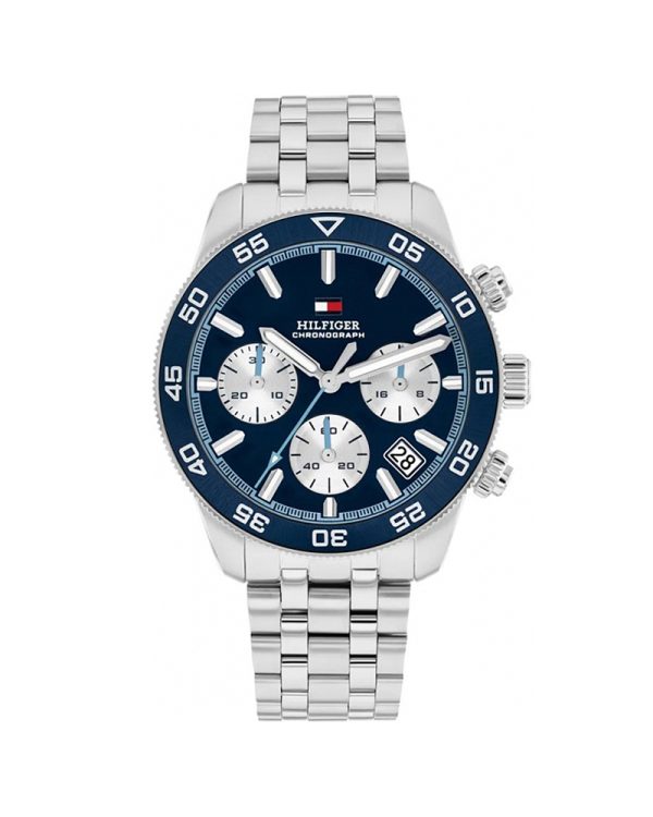 Ανδρικό ρολόι Tommy Hilfiger Sport 1710743 με κάσα 41mm από ανοξείδωτο ατσάλι, ασημί μπρασελέ, μπλε καντράν, αναλογική προβολή, ημερομηνία, χρονογράφο, ορυκτό κρύσταλλο ειδικής σκλήρυνσης και αδιαβροχοποίηση 5 ATM / 50 μέτρα.