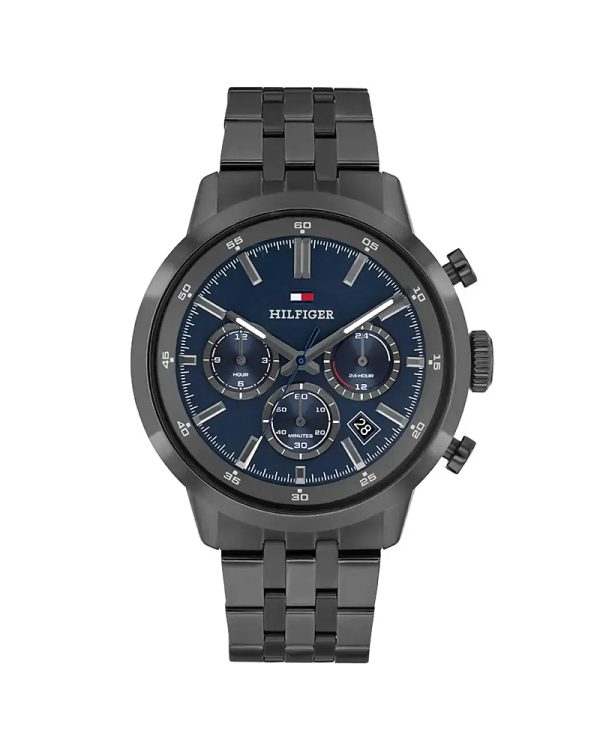 Ανδρικό ρολόι Tommy Hilfiger Kent 1710755 με γκρι/ανθρακί ατσάλινο μπρασελέ, κάσα 43mm από ανοξείδωτο ατσάλι, μπλε καντράν, χρονογράφο, ημερομηνία, ορυκτό κρύσταλλο ειδικής σκλήρυνσης και αδιαβροχοποίηση 5 ATM / 50 μέτρα.