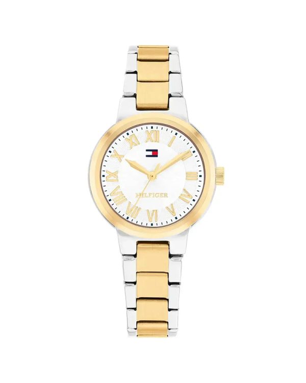 Γυναικείο ρολόι Tommy Hilfiger Becca 1782903 με δίχρωμο μπρασελέ από ανοξείδωτο ατσάλι, κάσα 28mm, ασημί καντράν με χρυσούς ρωμαϊκούς αριθμούς, ορυκτό κρύσταλλο, Quartz μηχανισμό και αδιαβροχοποίηση 3 ATM / 30 μέτρα.