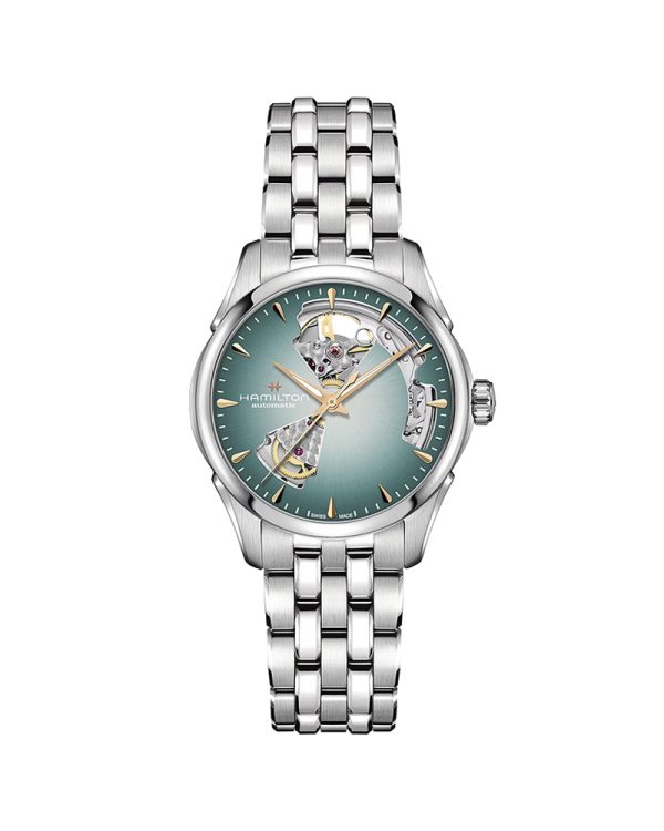 Γυναικείο ρολόι Hamilton Jazzmaster Open Heart Auto H32215143 με κάσα 36mm από ανοξείδωτο ατσάλι, μπλε smoky turquoise καντράν, open heart σχεδιασμό, ασημί μπρασελέ, κρύσταλλο ζαφείρι, αυτόματο μηχανισμό H-10 με 80 ώρες αυτονομία και αδιαβροχοποίηση 5 ATM / 50 μέτρα.