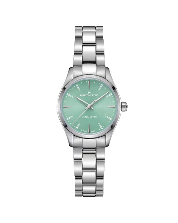 Γυναικείο ρολόι Hamilton Jazzmaster Quartz H32301161 με κάσα 32mm από ανοξείδωτο ατσάλι, φωτεινό μπλε/τιρκουάζ sunray-brushed καντράν, ασημί μπρασελέ, ζαφείρι με αντιανακλαστική επίστρωση, Quartz μηχανισμό F05.105 και αδιαβροχοποίηση 5 ATM / 50 μέτρα.