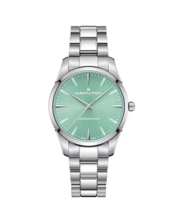 Ανδρικό ρολόι Hamilton Jazzmaster Quartz H32461161 με κάσα 40mm από ανοξείδωτο ατσάλι, μπλε/τιρκουάζ sunray-brushed καντράν, ασημί μπρασελέ, ζαφείρι με αντιανακλαστική επίστρωση, Quartz μηχανισμό F06.105 και αδιαβροχοποίηση 5 ATM / 50 μέτρα.