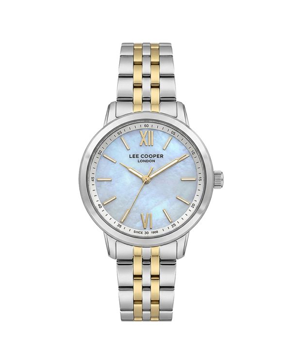 Γυναικείο ρολόι Lee Cooper LC08371.220 με κάσα 32mm, δίχρωμο ασημί/χρυσό μεταλλικό μπρασελέ, φίλντισι καντράν, αναλογική προβολή και μηχανισμό μπαταρίας.