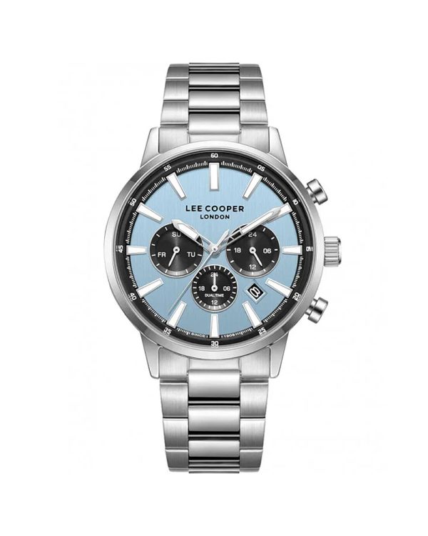 Ανδρικό ρολόι Lee Cooper Dual Time LC08382.300 με μεταλλική κάσα Supermetal 42mm, γαλάζιο καντράν, ασημί μεταλλικό μπρασελέ, ορυκτό κρύσταλλο ειδικής σκλήρυνσης, μηχανισμό μπαταρίας, ένδειξη δεύτερης ώρας, ημέρα, ημερομηνία και αδιαβροχοποίηση 5 ATM / 50 μέτρα.