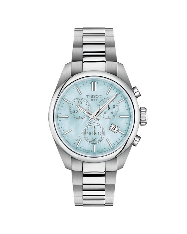 Γυναικείο ρολόι Tissot PR 100 Chronograph T150.217.11.131.00 με κάσα 36mm από ανοξείδωτο ατσάλι 316L, γκρι/ασημί μπρασελέ γρήγορης εναλλαγής, μπλε καντράν από φίλντισι, ελβετικό Quartz χρονογράφο, ημερομηνία, ζαφείρι και αδιαβροχοποίηση 10 ATM / 100 μέτρα.