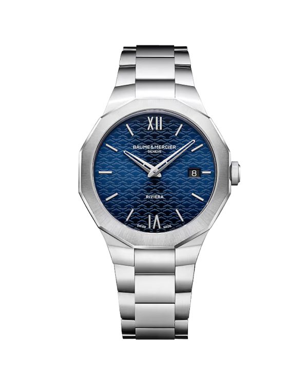 Ανδρικό ρολόι Baume & Mercier Riviera 10844 με δωδεκάγωνη κάσα 39mm από ανοξείδωτο ατσάλι, ασημί μπρασελέ αναδιπλούμενο τριών τμημάτων με κουμπιά ασφαλείας, μπλε sun-satin καντράν με wave διακόσμηση, ημερομηνία, Quartz μηχανισμό ETA F06.115, ζαφείρι με αντιανακλαστική επίστρωση και αδιαβροχοποίηση 5 ATM / 50 μέτρα.