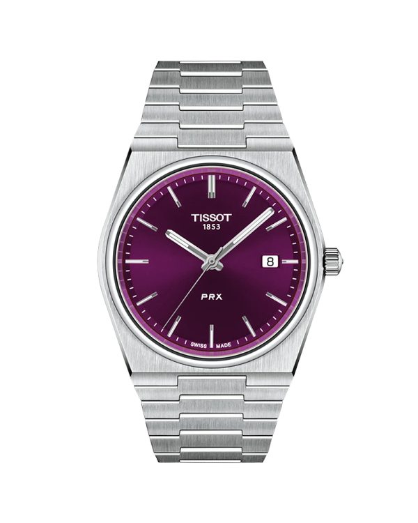 Unisex ρολόι Tissot PRX T137.410.11.401.00 με κάσα 40mm από ανοξείδωτο ατσάλι 316L, γκρι/ασημί μπρασελέ, μωβ καντράν, ελβετικό Quartz μηχανισμό τριών δεικτών, ημερομηνία, EOL ένδειξη, αντιχαρακτικό ζαφείρι και αδιαβροχοποίηση 10 ATM / 100 μέτρα.