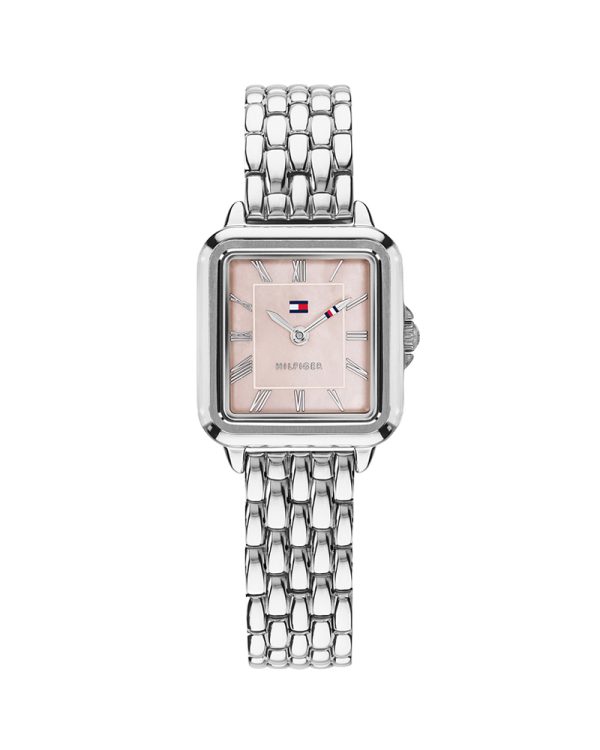Γυναικείο ρολόι Tommy Hilfiger Mia 1782914 με κομψή ορθογώνια κάσα 22.5mm και ασημί μπρασελέ από ανοξείδωτο ατσάλι. Διαθέτει ροζ Mother of Pearl καντράν με ρωμαϊκούς αριθμούς, Quartz μηχανισμό, ορυκτό κρύσταλλο, κούμπωμα πεταλούδα και αδιαβροχοποίηση 3 ATM / 30 μέτρα.