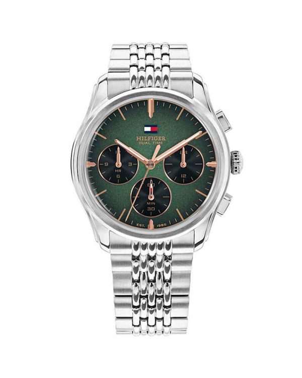 Ανδρικό ρολόι Tommy Hilfiger Bryant 1710813 με κάσα 38mm και ασημί μπρασελέ από ανοξείδωτο ατσάλι, πράσινο γυαλιστερό sunray καντράν χρονογράφου και rose gold επιχρυσωμένες λεπτομέρειες. Διαθέτει Quartz μηχανισμό, τρία υποκαντράν, ορυκτό κρύσταλλο ειδικής σκλήρυνσης, κούμπωμα ασφαλείας και αδιαβροχοποίηση 5 ATM / 50 μέτρα.