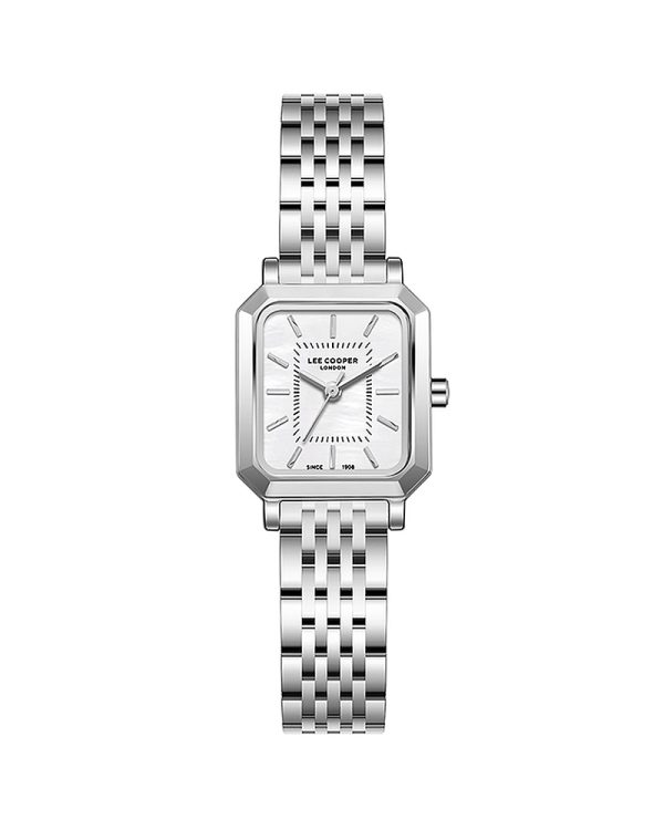 Γυναικείο ρολόι Lee Cooper LC08203.320 με τετράγωνη κάσα 22mm από Super Metal σε ασημί απόχρωση, ασημί μεταλλικό μπρασελέ, λευκό φίλντισι καντράν Mother of Pearl, Quartz μηχανισμό, ορυκτό κρύσταλλο, κούμπωμα ασφαλείας και αδιαβροχοποίηση 3 ATM / 30 μέτρα.