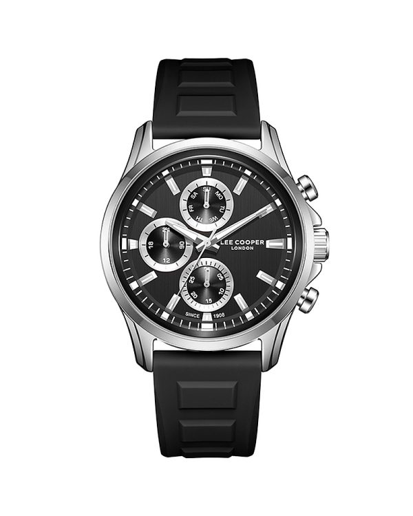 Ανδρικό ρολόι Lee Cooper LC08541.351 με κάσα 43.5mm από Super Metal σε ασημί απόχρωση, μαύρο καντράν, μαύρο λουράκι σιλικόνης, αναλογική multifunction προβολή, Quartz μηχανισμό, ορυκτό κρύσταλλο, κούμπωμα τοκά και αδιαβροχοποίηση 5 ATM / 50 μέτρα.