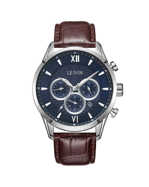 Ανδρικό ρολόι LEDOM LD.1498-5 της συλλογής Aviator με κάσα 44mm από ανοξείδωτο ατσάλι, καφέ δερμάτινο λουράκι, μπλε καντράν, χρονογράφο, ημερομηνία, ένδειξη 24ώρου, Quartz μηχανισμό, φυσικό-ορυκτό κρύσταλλο, βιδωτή κορώνα και αδιαβροχοποίηση 10 ATM / 100 μέτρα