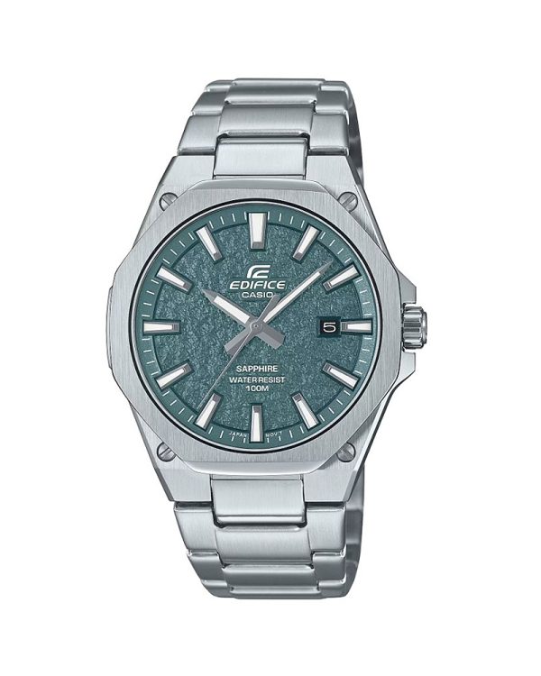 Ανδρικό ρολόι CASIO Edifice EFR-S108DE-3AVUEF με λεπτή κάσα 39.9mm από ανοξείδωτο ατσάλι, ασημί μπρασελέ και σκούρο πράσινο ανάγλυφο καντράν. Διαθέτει ζαφείρι, ημερομηνία, Quartz μηχανισμό, τριπλό αναδιπλούμενο κούμπωμα και αδιαβροχοποίηση 10 ATM / 100 μέτρα.