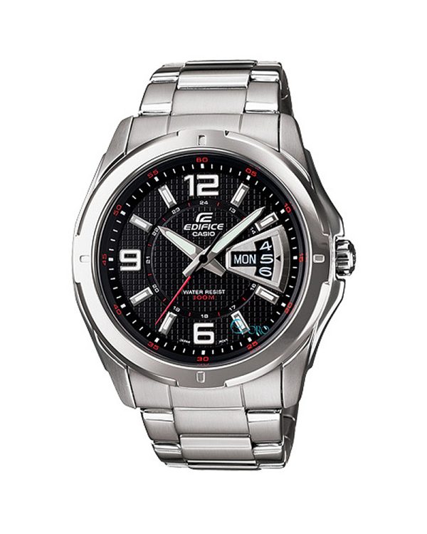 Ανδρικό ρολόι CASIO Edifice EF-129D-1AVEF με κάσα 44.8mm και ασημί μπρασελέ από ανοξείδωτο ατσάλι, μαύρο καντράν με κόκκινες λεπτομέρειες και ενδείξεις ημέρας και ημερομηνίας. Διαθέτει Quartz μηχανισμό, ορυκτό κρύσταλλο, τριπλό αναδιπλούμενο κούμπωμα και αδιαβροχοποίηση 10 ATM / 100 μέτρα.