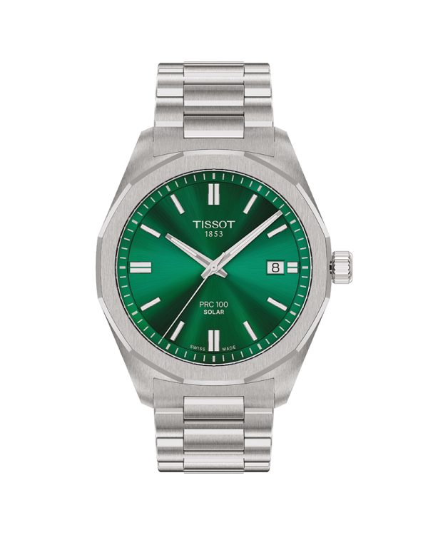 Ανδρικό ρολόι Tissot PRC 100 Solar T151.422.11.091.00 με κάσα 39mm από ανοξείδωτο ατσάλι 316L, γκρι/ασημί μπρασελέ γρήγορης εναλλαγής, πράσινο καντράν, ελβετικό Lightmaster Solar Quartz μηχανισμό, ημερομηνία, ένδειξη End of Energy, αντιχαρακτικό ζαφείρι και αδιαβροχοποίηση 10 ATM / 100 μέτρα.