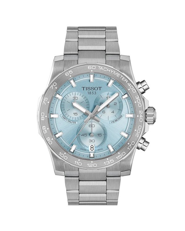 Ανδρικό Tissot Supersport Chrono T125.417.11.351.00 με κάσα 42mm και ασημί μπρασελέ από ανοξείδωτο ατσάλι, εντυπωσιακό Ice Blue καντράν και στεφάνη αλουμινίου. Διαθέτει Swiss Quartz χρονογράφο PowerDrive, ημερομηνία, EOL, λειτουργίες ADD/SPLIT, Super-LumiNova®, ζαφείρι με αντιανακλαστική επίστρωση και αδιαβροχοποίηση 10 ATM / 100 μέτρα.