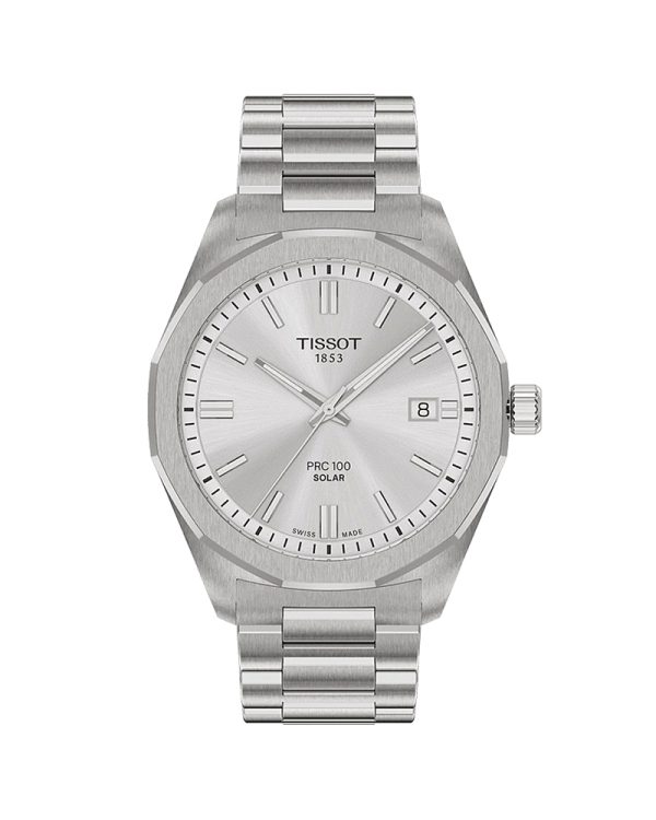 Ανδρικό ρολόι Tissot PRC 100 Solar T151.422.11.031.00 με κάσα 39mm από ανοξείδωτο ατσάλι 316L, γκρι/ασημί μπρασελέ γρήγορης εναλλαγής, ασημί καντράν, ελβετικό Lightmaster Solar Quartz μηχανισμό, ημερομηνία, ένδειξη End of Energy, αντιχαρακτικό ζαφείρι και αδιαβροχοποίηση 10 ATM / 100 μέτρα.