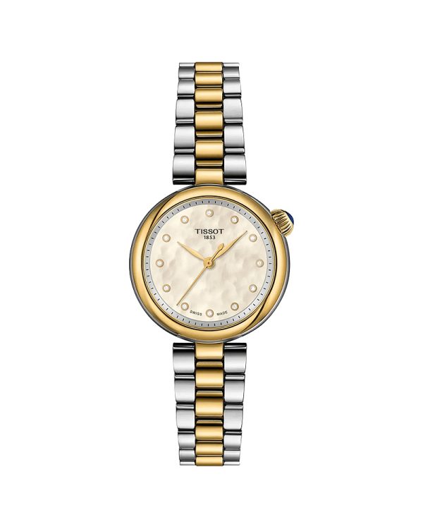 Γυναικείο ρολόι Tissot Desir T152.010.22.116.00 με κάσα 28mm από ανοξείδωτο ατσάλι 316L με κίτρινη PVD επίστρωση, δίχρωμο μπρασελέ σε γκρι και χρυσό, λευκό φίλντισι καντράν με 12 διαμάντια 0.03ct, ελβετικό Quartz μηχανισμό, ημερομηνία, EOL ένδειξη, ζαφείρι και αδιαβροχοποίηση 5 ATM / 50 μέτρα.